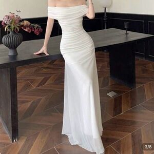 Off-Shoulder White Mesh Rushed Maxi Dress